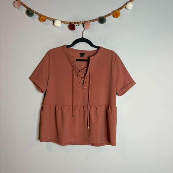 Ann Taylor Lace Up Peplum Top In Romantic Rouge - Picture 2 of 5